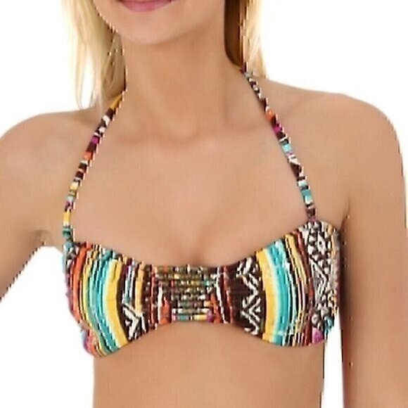 NEW HOBIE Sierra Bandeau Beaded Stripe Swim Bikini Brown Yellow Orange Boho M - Picture 1 of 7